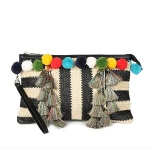 Aldo Boho Colorful Pom Pom Tassel Black Cream Striped Woven Wristlet Clutch Bag